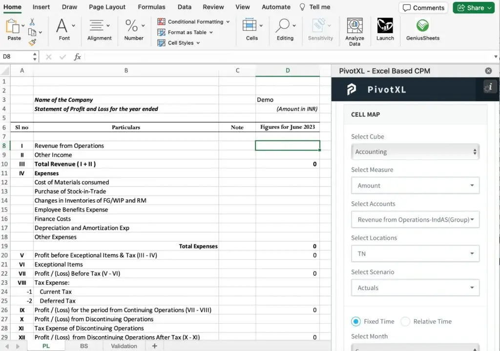 data cube connected to Excel via pivotxl add-in