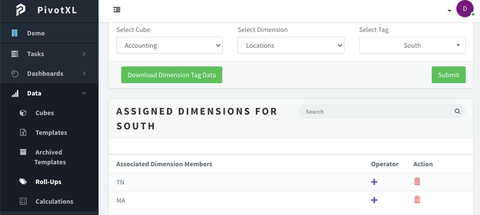 Defining roll-ups in PivotXL application