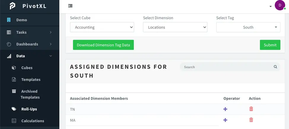 Defining roll-ups in PivotXL application