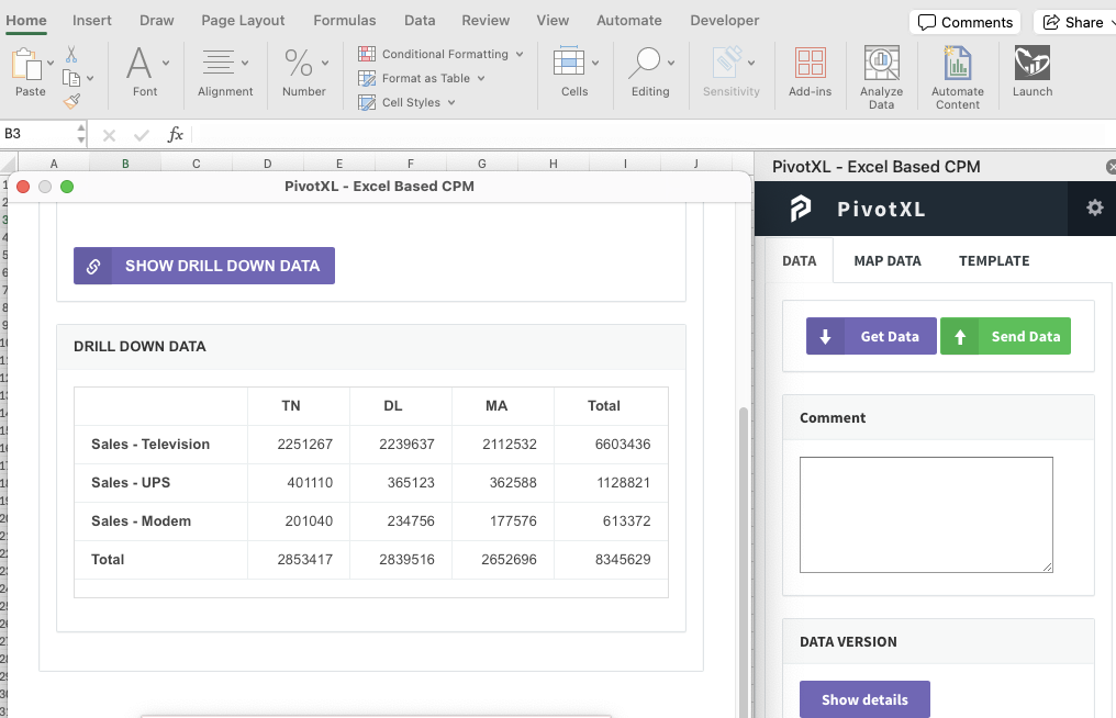 excel based Fp&a software allows for drill-down from an excel cell