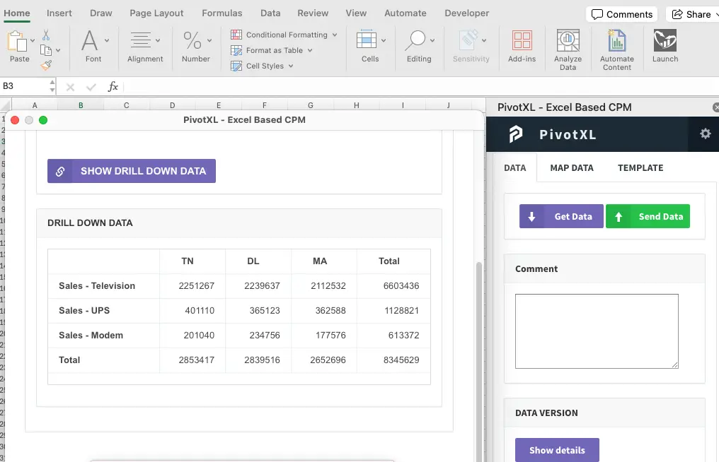 excel based Fp&a software allows for drill-down from an excel cell