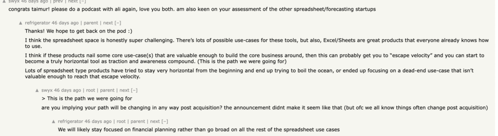 Causal FP&A founders post on Hacker News admitting that the spreadsheet space is tough to crack. 