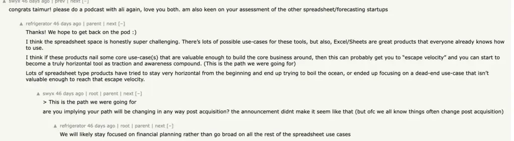 Causal FP&A founders post on Hacker News admitting that the spreadsheet space is tough to crack. 