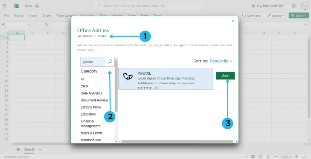 getting Excel add-in from office add-ins