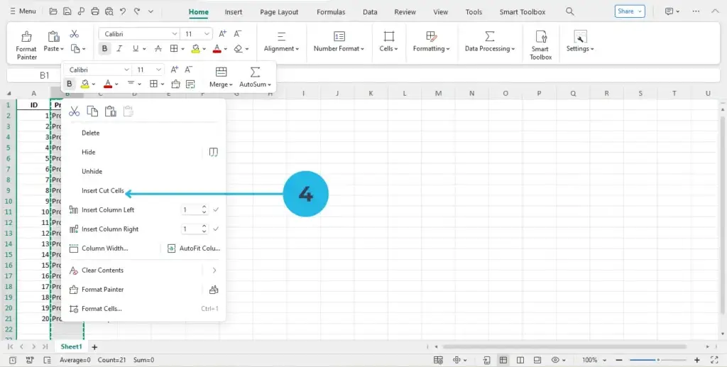  Right-click their option will come up Insert Cut Cells for columns easily