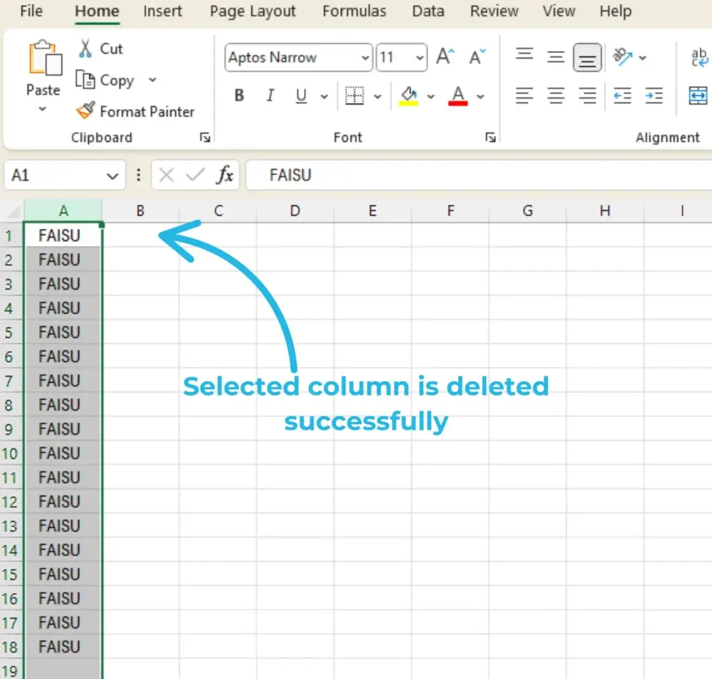 remove column in excel - selected column deleted