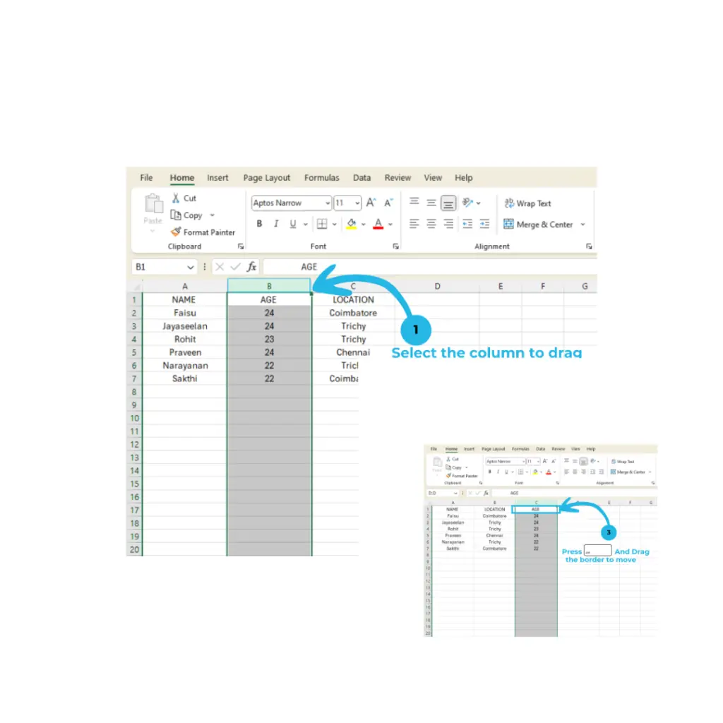 drag columns in excel