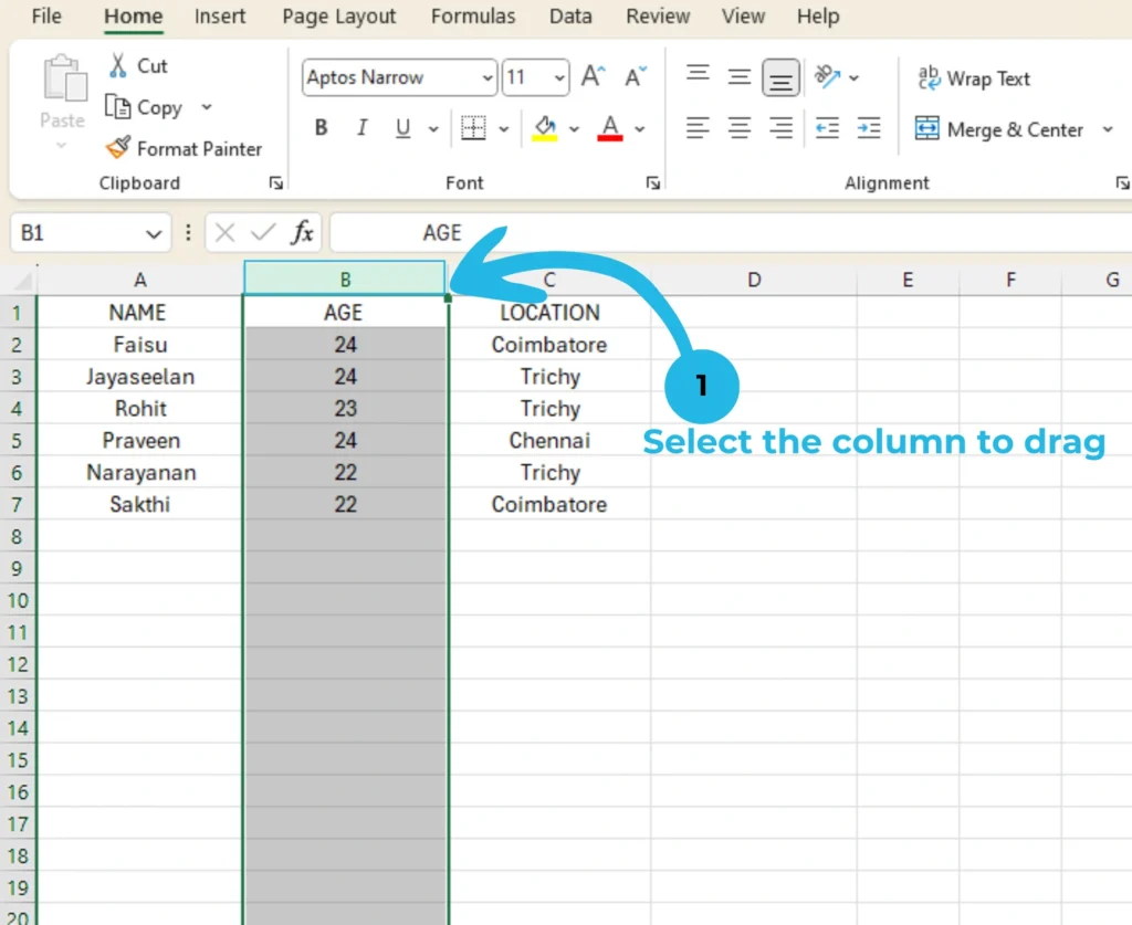 select the drag columns in excel