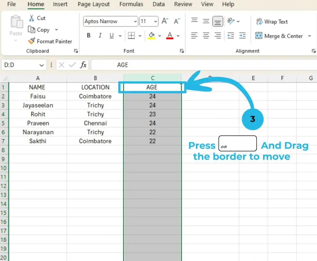 drag columns in excel press shift