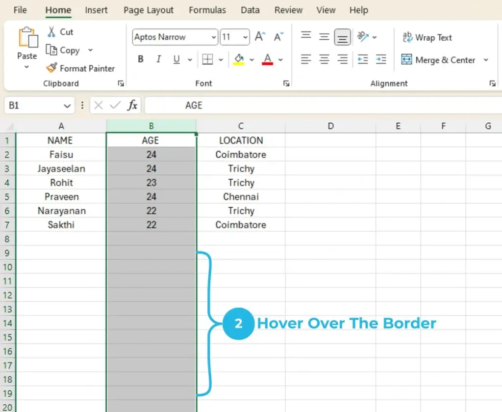 drag columns in excel hover