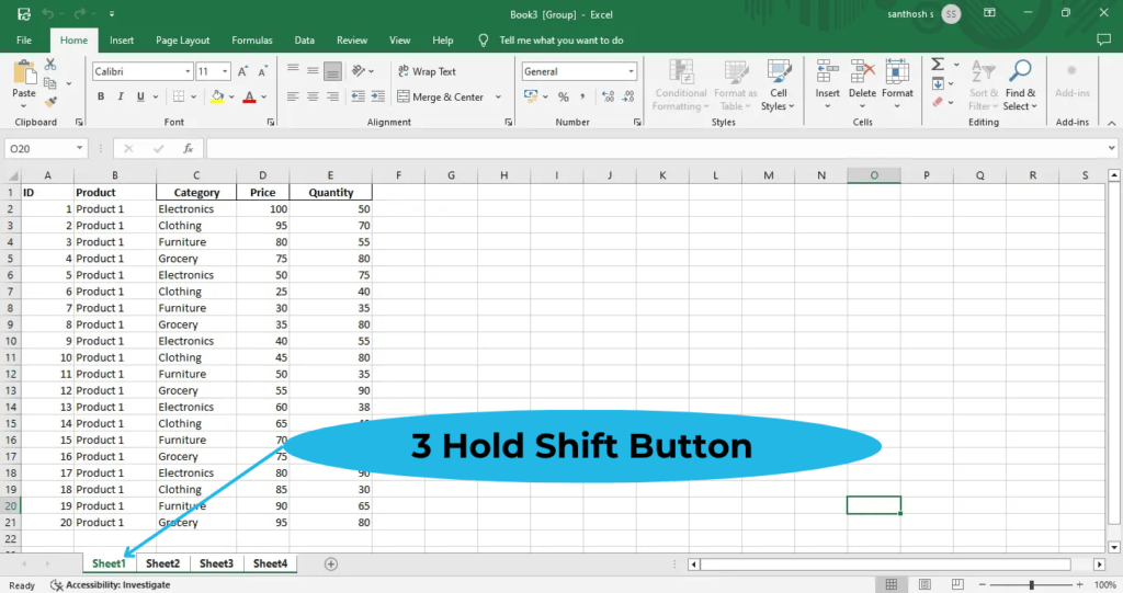 Hold down the Shift key to select multiple tabs in excel