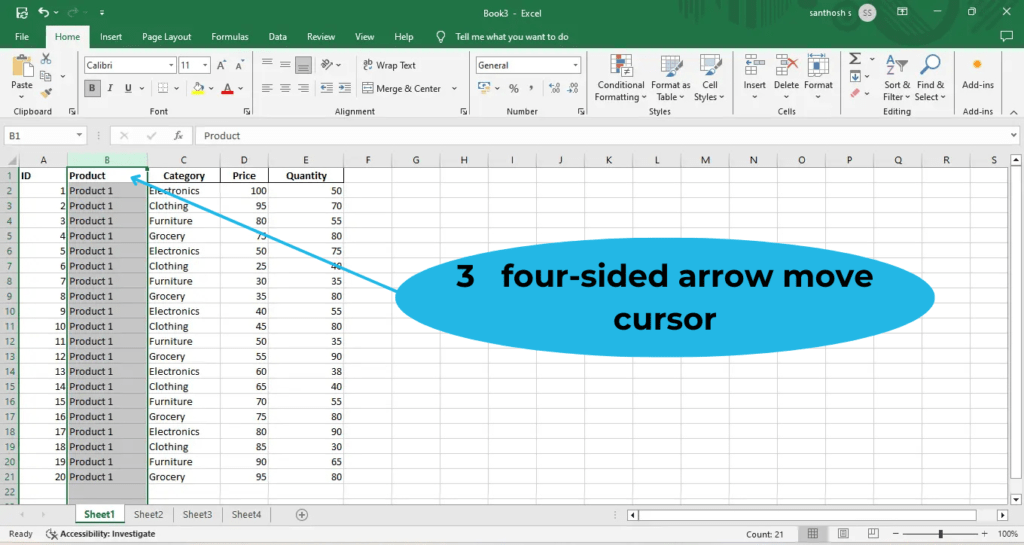 four-sided arrow move cursor  swap column in excel