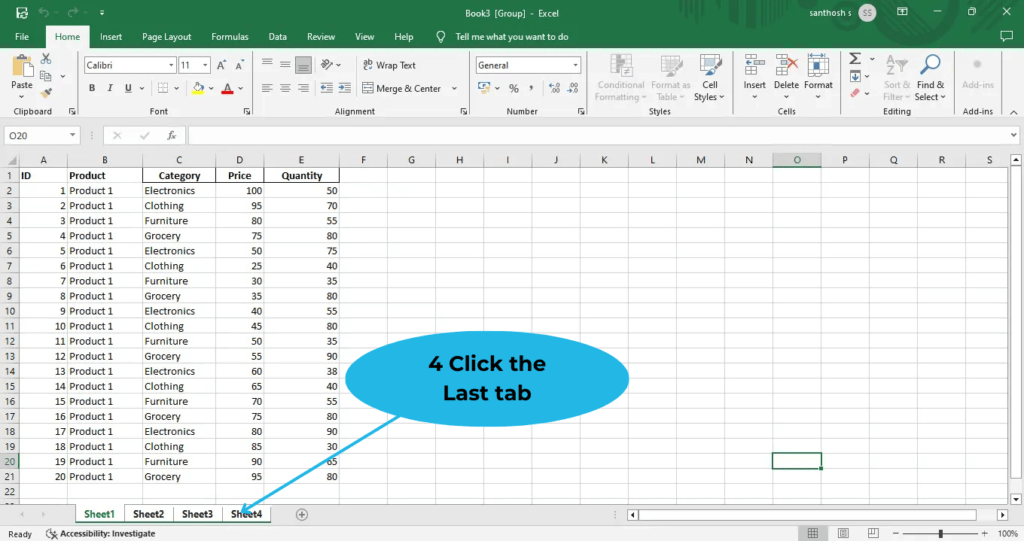 Click on the last tab to complete selecting in excel