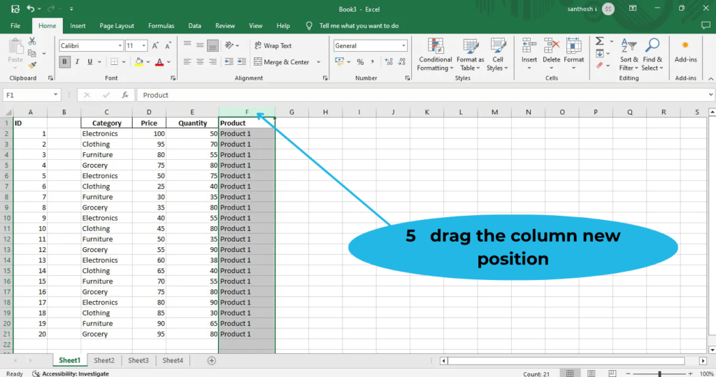 drag the new position  swap column in excel