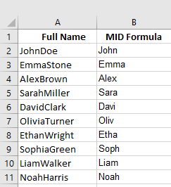 alternative text descriptions for sample dataset  MID formula in Excel.