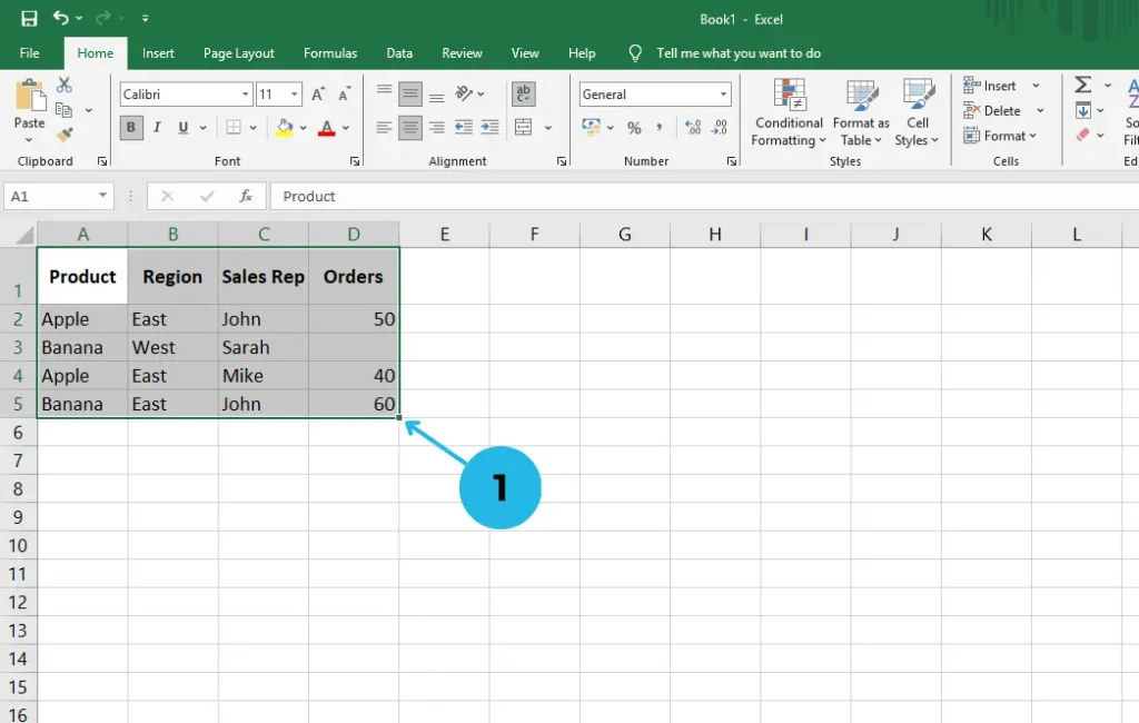 Sample table for DCOUNTA Function in excel