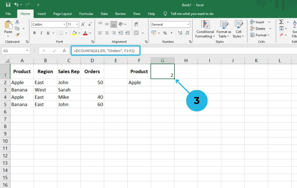 Using Formula for DCOUNTA Function