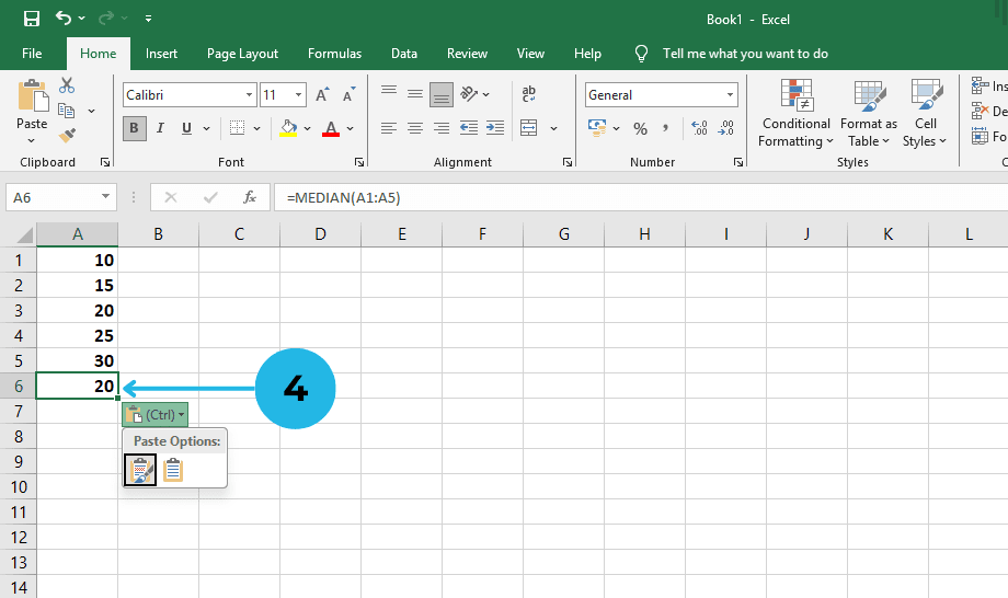 showing result of Formula for Median in Excel