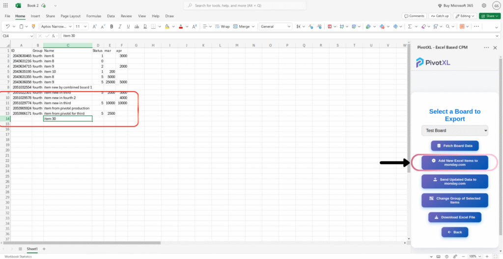 Screenshot of the PivotXL panel showing the 'Insert Item' option highlighted, allowing the user to add a new item to the selected Monday.com board.