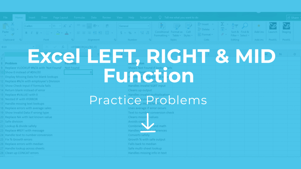 Practice problems Excel free download for LEFT, RIGHT, and MID functions with 20 examples and solutions
