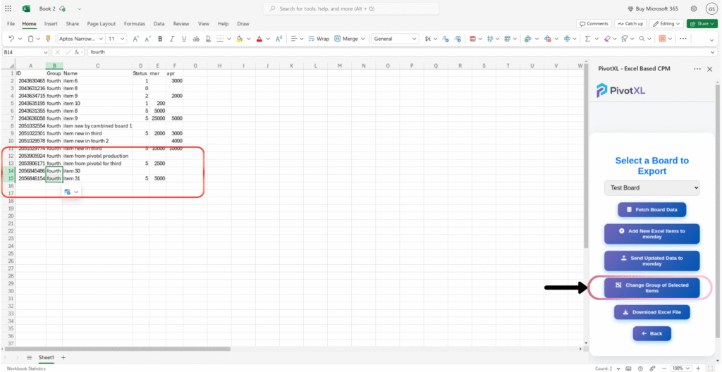 Screenshot of the PivotXL panel in Monday.com showing the option to move selected items from one group to another within a board.