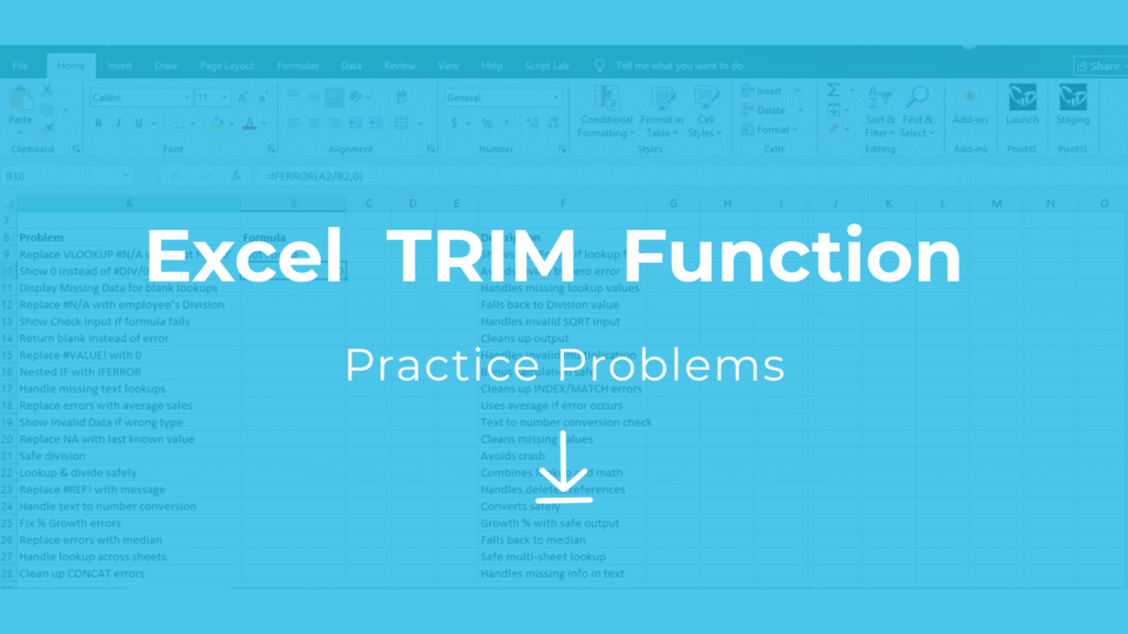 Practice problems Excel free download for TRIM function with 20 examples and solutions