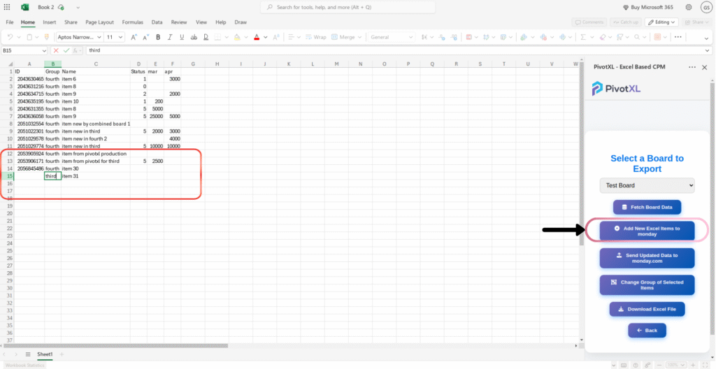Screenshot of the PivotXL panel showing the 'Insert Item' option highlighted, allowing the user to add a new item to the selected Monday.com board.