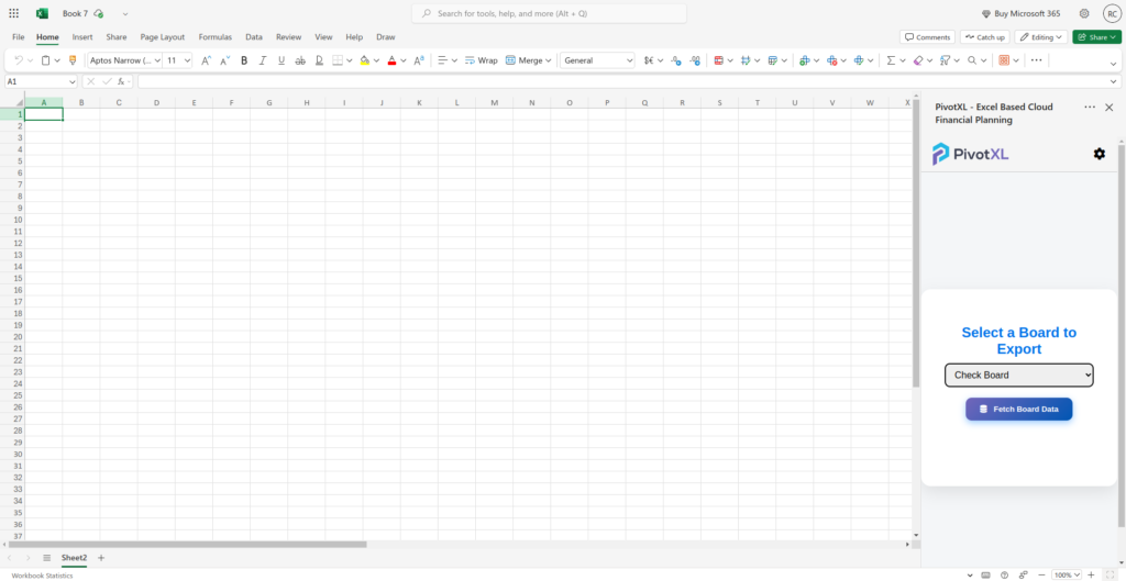 Screenshot of the PivotXL interface with the 'Fetch Board Data' button highlighted, indicating the action to retrieve data from the selected Monday.com board.