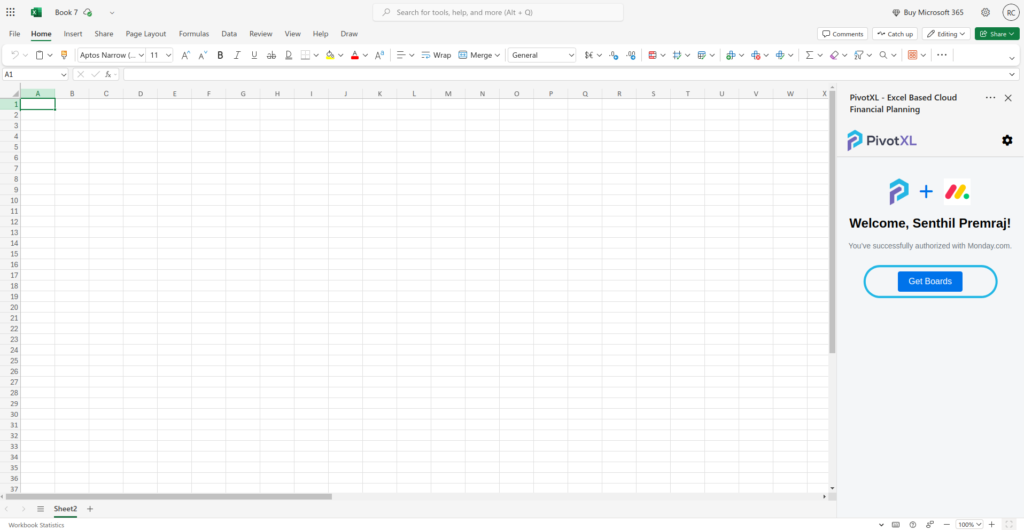 Screenshot of the PivotXL interface showing the 'Fetch Board' option, allowing the user to select and retrieve data from a Monday.com board.