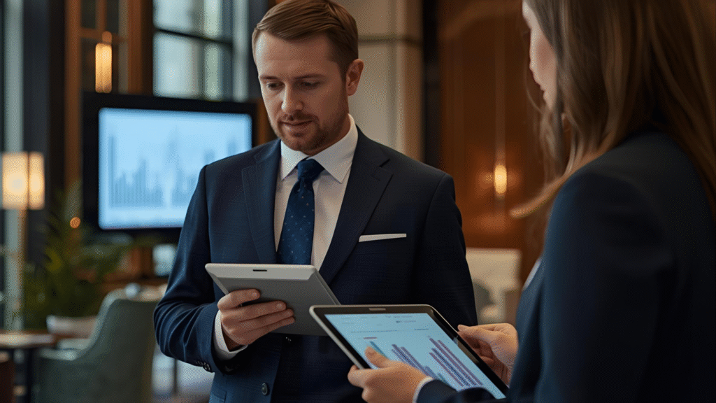 Hotel FP&A software dashboard being used by hotel managers in a modern lobby.