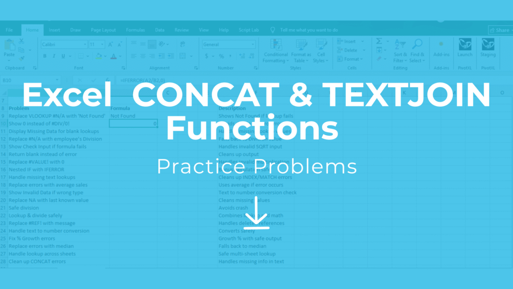 Practice problems Excel free download for CONCAT & TEXTJOIN functions with 20 examples and solutions