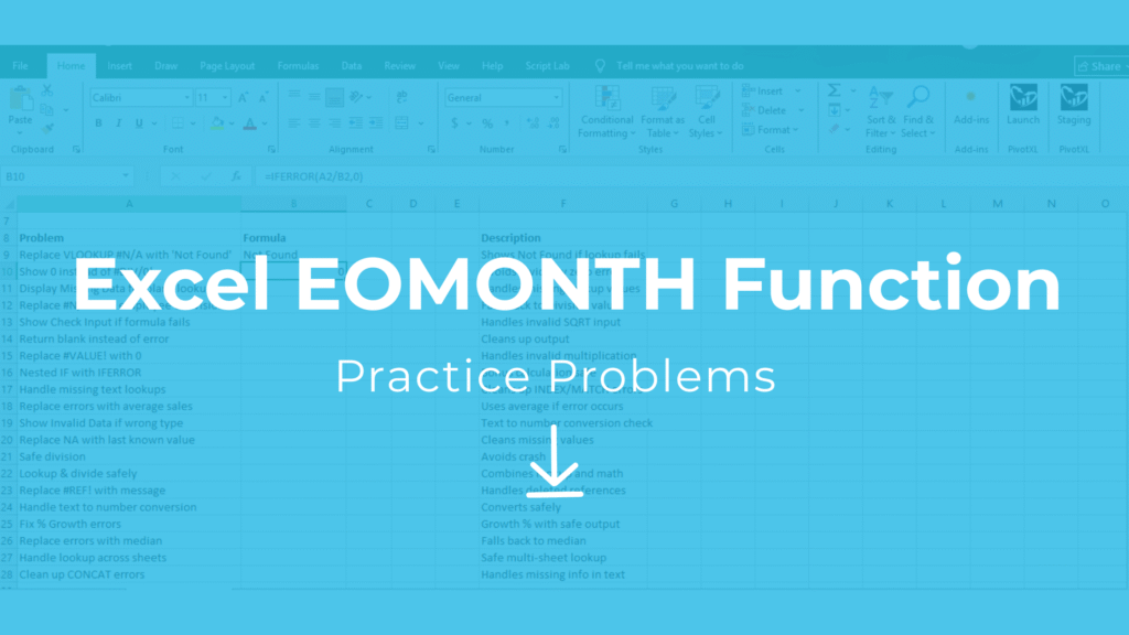 Practice problems Excel free download dataset for EOMONTH function
