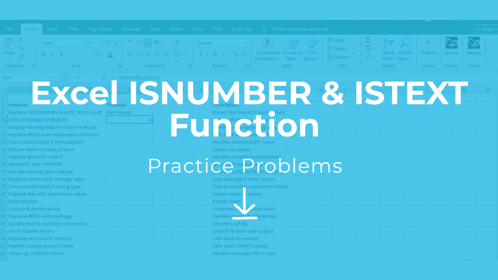 ISNUMBER ISTEXT ISERROR practice problems Excel free download