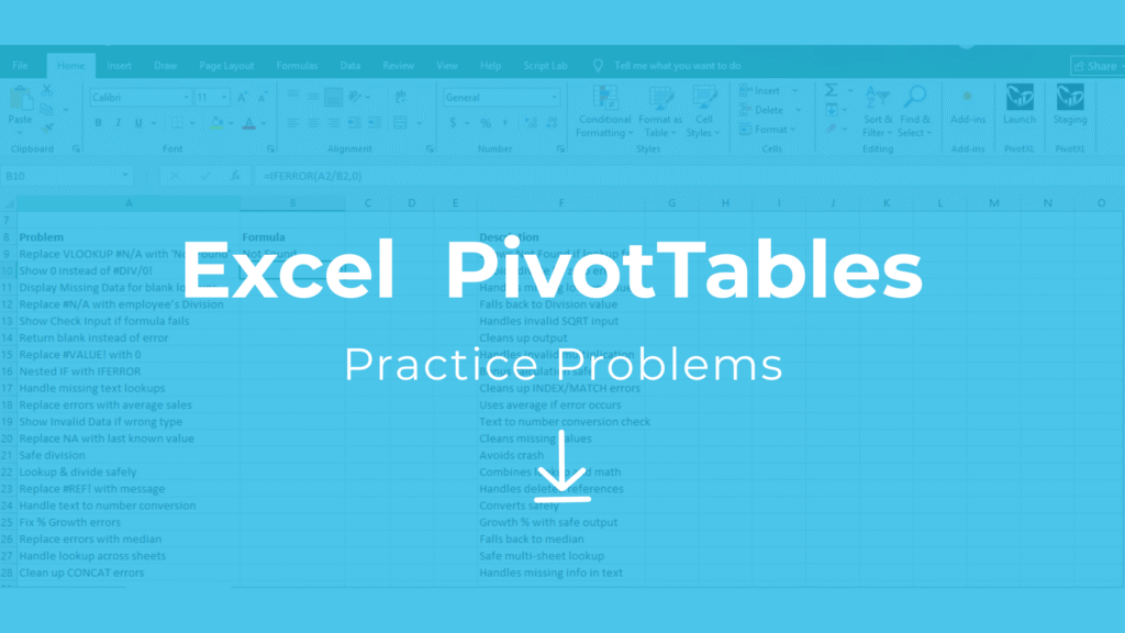 Practice problems Excel free download for PivotTable with 20 examples and solutions