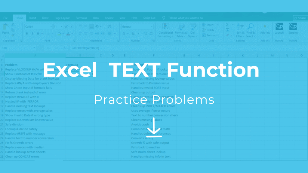 Practice problems Excel free download for TEXT function with 20 examples and solutions