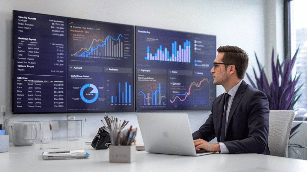Financial reporting software for franchising showing real-time dashboards for royalties and marketing fund allocations.