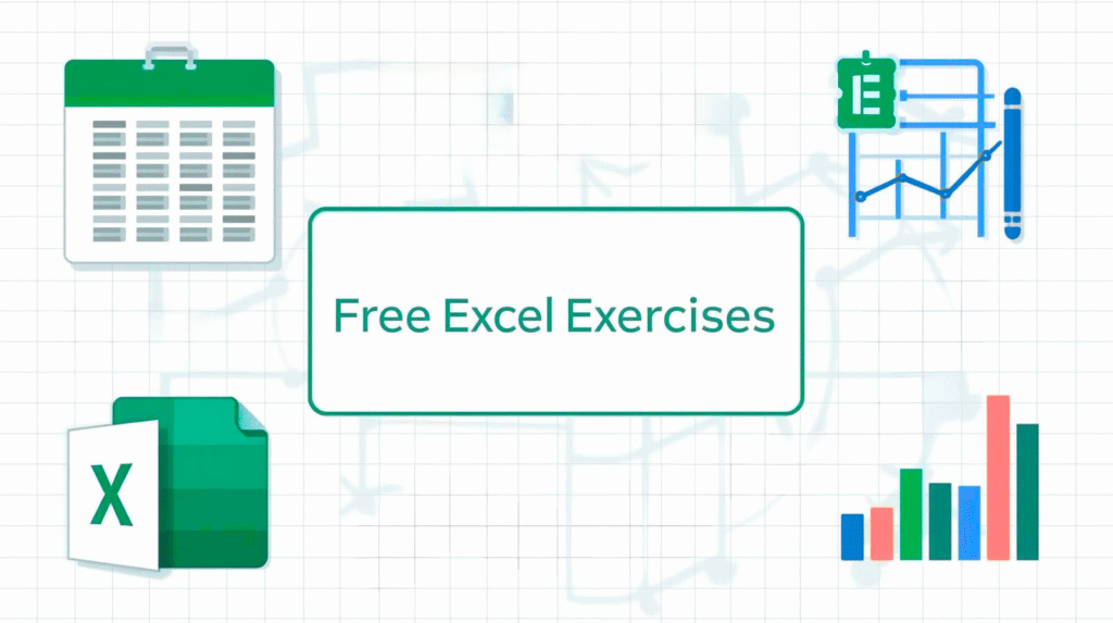 Free Excel exercises blog feature image showing Excel spreadsheets, charts, formulas, and PivotTables