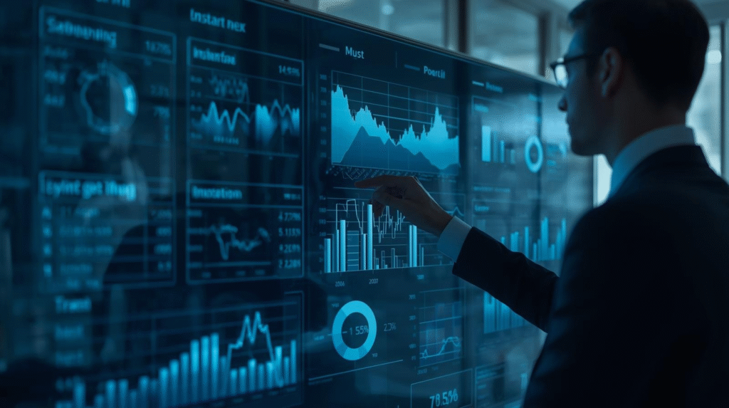 Insurance CFO reviewing financial reporting dashboard with claims and reserves data