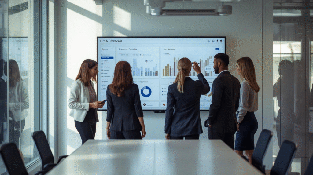 CFO reviewing FP&A dashboards for engagement profitability in a consulting firm