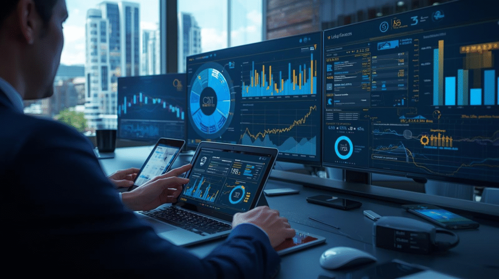 Financial reporting software for hotels and lodging showing CFO analyzing real-time dashboards with occupancy, revenue, and profitability charts across multiple properties