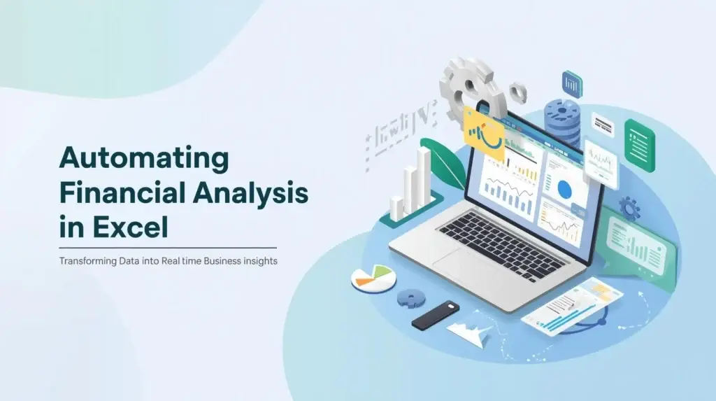 Header image showing Excel financial dashboards, charts, and automation icons representing automated financial analysis in Excel.