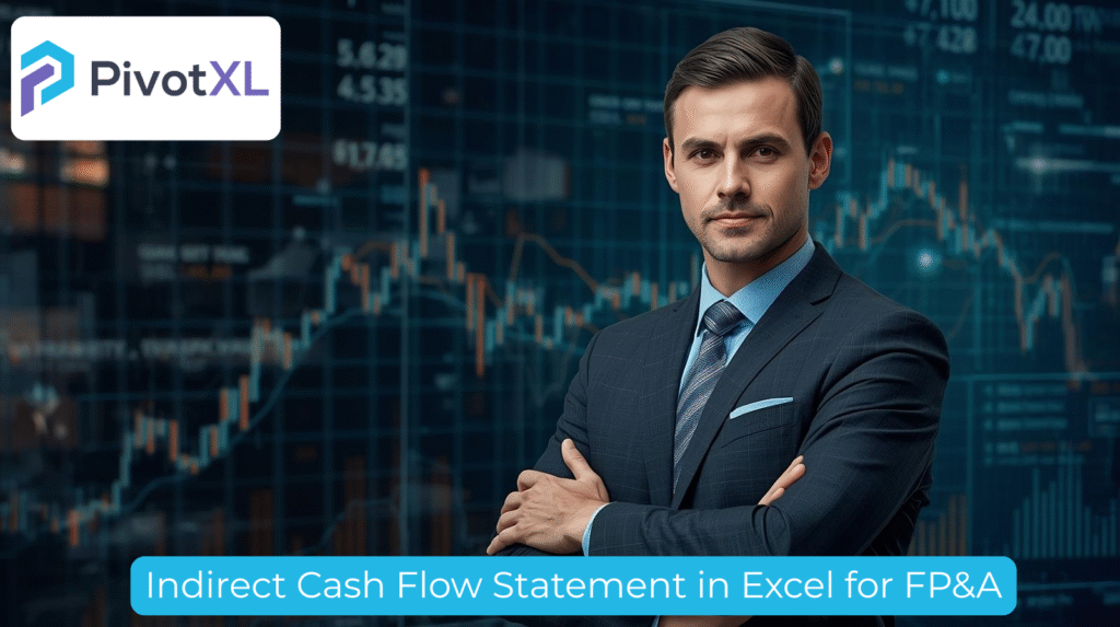 Indirect cash flow statement in Excel for FP&A showing operating, investing, and financing cash flows on a financial dashboard