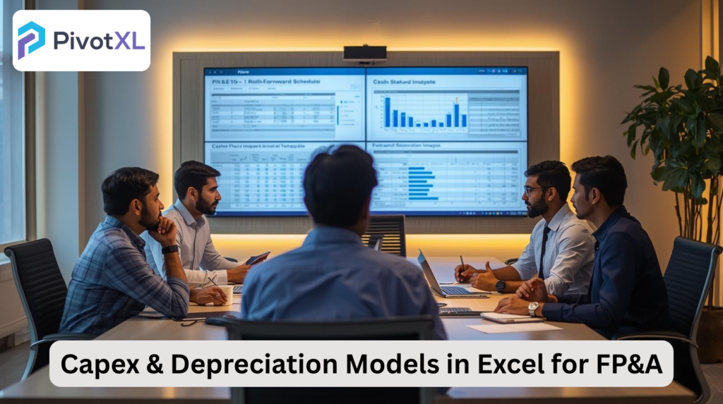 FP&A team analyzing Capex & Depreciation Models fixed asset roll-forward and depreciation impact on cash flow