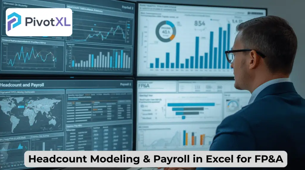 Headcount and payroll modeling in Excel for FP&A showing hiring plans, attrition, and payroll cost forecasts