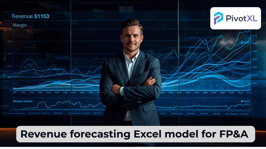 “FP&A professional viewing a glowing future horizon where rising revenue curves emerge from an Excel forecasting grid”